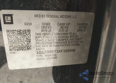 2019 Chevrolet Malibu Lt из США, поврежденный, VIN 1G1ZD5ST1KF192098